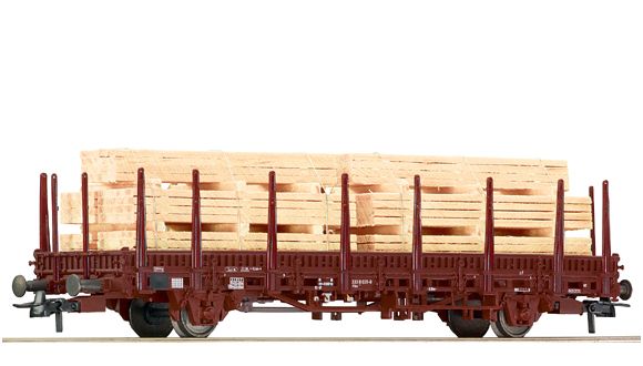 Plošinový vagon s nákladem - dřevěné trámy
