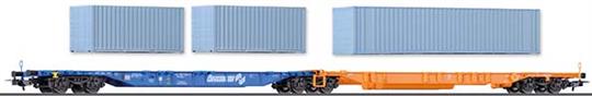 Souprava dvou plošinových vozů Sdggmrss „Ökombi“ ložený kontejnery „P&O Nedlloyd”, „K Line”