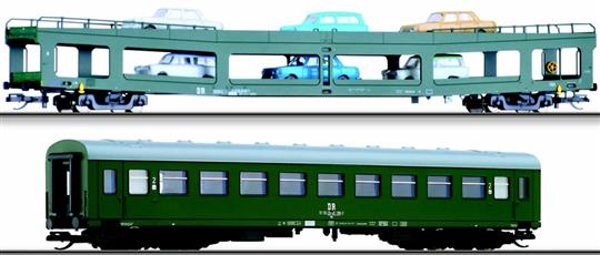 Set dvou vozů "Autoreisezug Dresden-Budapest 3", 1x vůz 2. třídy, 1x vůz DDm ložený auty