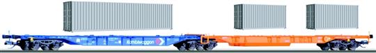  Souprava dvou plošinových vozů Sdggnos/Sdggmrs 739/744 "Kombiwaggon" ložený kontejnery