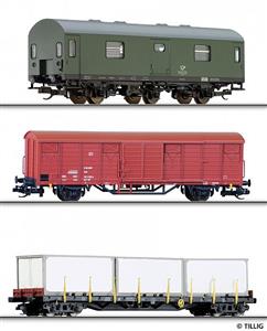 3-dílný set poštovního vlaku, 1x Reko vůz, 1x krytý vůz Gbs, 1x kontejnerový vůz Rgs