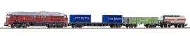 Analogový start set s dieselovou lokomotivou BR130 a třemi nákladními vozy + trafo a ovál kolejí(HO 