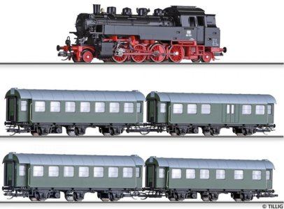 01004 Tillig TT Bahn - Set parní lokomotivy BR 86 a 4 osobních vozů (1x 2./3.třída, 2x 3.třída a 1x 