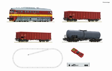 51332 Roco - Digitální startset obsahující dieselovou lokomotivu Rh T679.1 a 3 nákladní vozy, kolejo