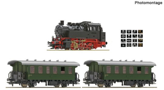 5100001 Roco - Analogový startset obsahující parní lokomotivu BR 80 se dvěma osobními vozy, ovál kol