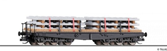 15626 Tillig TT Bahn - Plošinový vůz s klanicemi Sammp 705 ložený betonovými pražcemi