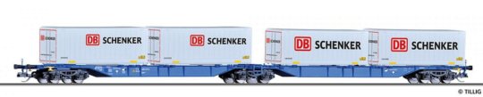 18035 Tillig TT Bahn - Souprava dvou plošinových vozů Sggmrs ložený dvěma kontejnery DB Schenker