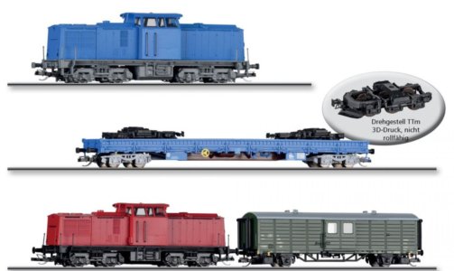 01080 Tillig TT Bahn - Dvě soupravy nákladních vlaků - Dieselová lokomotiva BR 204 "PRESS" s nízkost