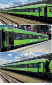 01100 Tillig TT Bahn - 3- dílný set rychlíkových vozů 2x Bmmz 264.4 a Bmmbz 266.9 „Flixtrain“