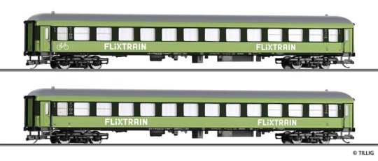01101 Tillig TT Bahn - Souprava dvou rychlíkových vozů Bmmdz 268.7 a Bmmz 264.7 „Flix Train“