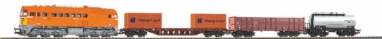 57036 PIKO - Start set obsahující dieselovou lokomotivu M62 a 3 nákladní vozy, kolejivo s podložím, 