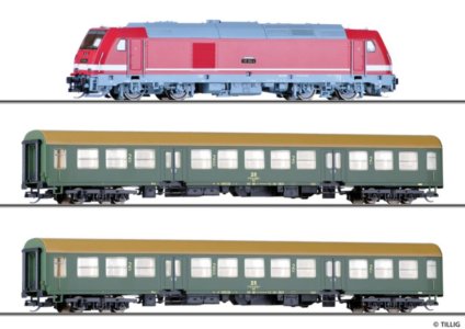 01504 Tillig TT Bahn - Start set s dieselovou lokomotivou TRAXX a dvěma osobními vozy typ Halberstad