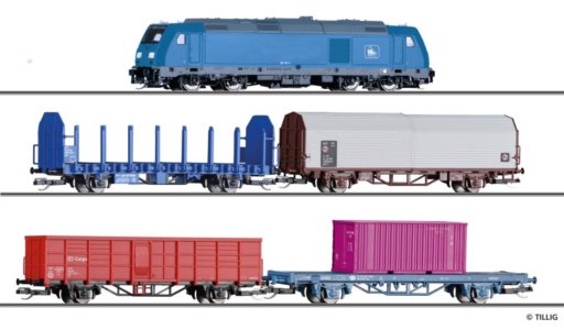 01507 Tillig TT Bahn - Start set s dieselovou lokomotivou TRAXX a čtyřmi nákladními vozy, ovál kolej