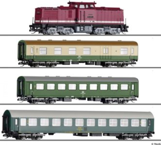 01121 Tillig TT Bahn - Set dieselové lokomotivy BR 112 „Museumszug der OSEF“a rychlíkových vozů (1x 