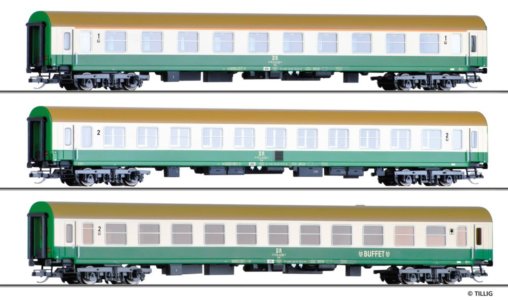 01124 Tillig TT Bahn - 3- dílný set rychlíkových vozů typ Halberstadt (1x 1.třídy, 1x 1./2.třídy a 1