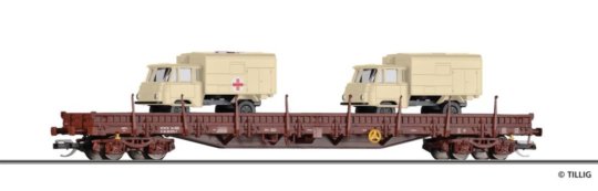 18146 Tillig TT Bahn - Nízkostěnný vůz Res 3936 ložený dvěma automobily LKW Robur 1801
